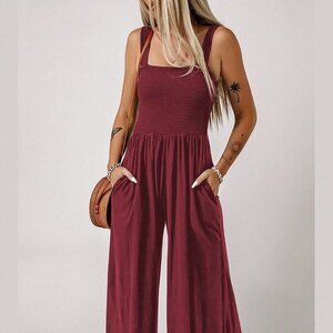 Red Casual Womens Solid Slant Pocket Wide Leg Jumpsuit